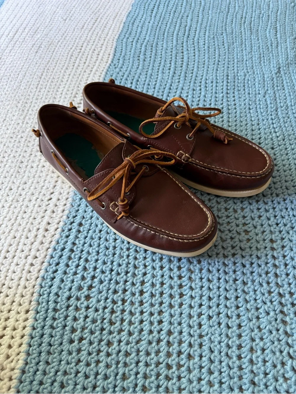 Polo Ralph Lauren Men's Brown Leather Boat Shoes with Contrast Laces